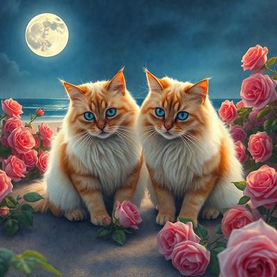 The primary subject of the image is a pair of cats sitting on a beach. They are positioned next to each other, with one cat on the left and the other on the right. The setting is a beach with a moon in the background, creating a serene and peaceful atmosphere. The visual style of the image is a painting, which adds a sense of artistic expression and creativity to the scene. The colors in the painting are predominantly pink, which adds a touch of warmth and softness to the overall mood of the image.